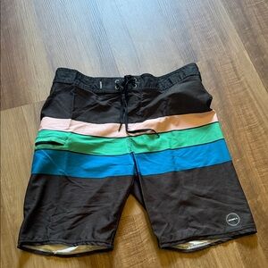 O'Neill Black and Multicolor Striped Board Shorts